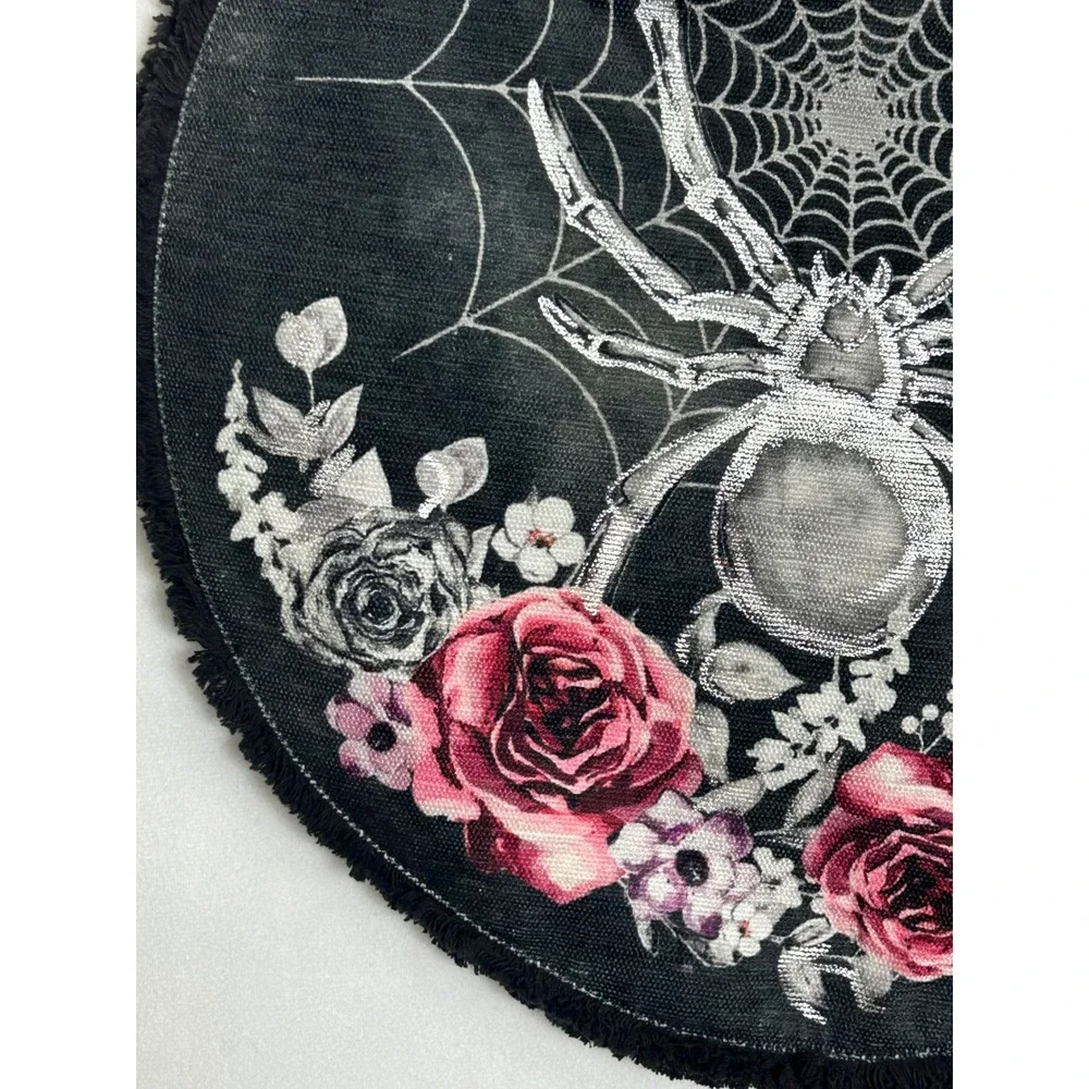 Tahari Home Set of 4 Round Placemats Black Spider Web Floral Pink Goth 15 inch